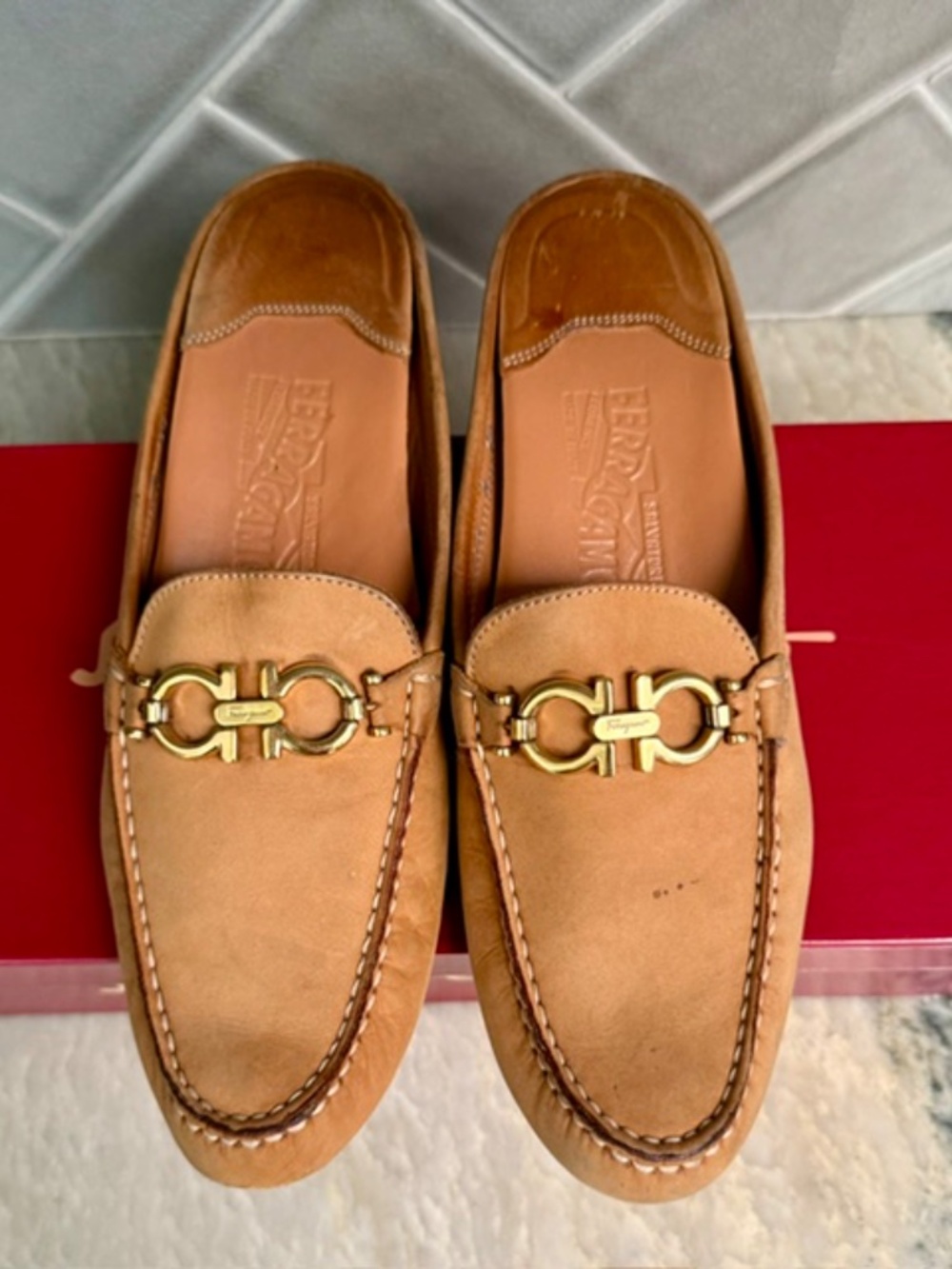 Salvatore Ferragamo Italian Nubuck Leather Driving Mule in Tan Size 8AA